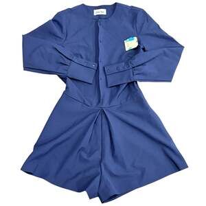 Line + Dot Navy Blue Long Sleeve Mini Dress with Pleated Skirt and High Cuffs